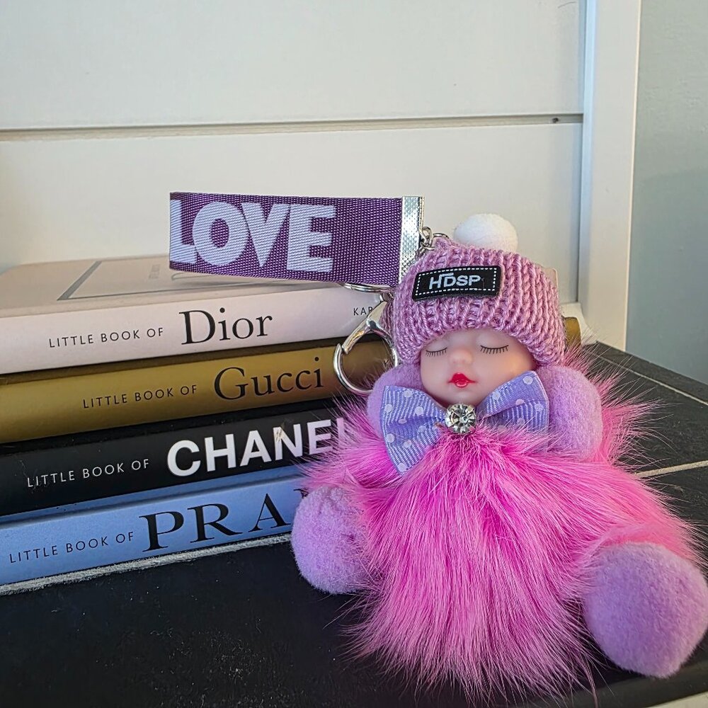 Cute Baby Sleeping Keychain with LOVE tag, Plush rabbit fur, Bag Charm,